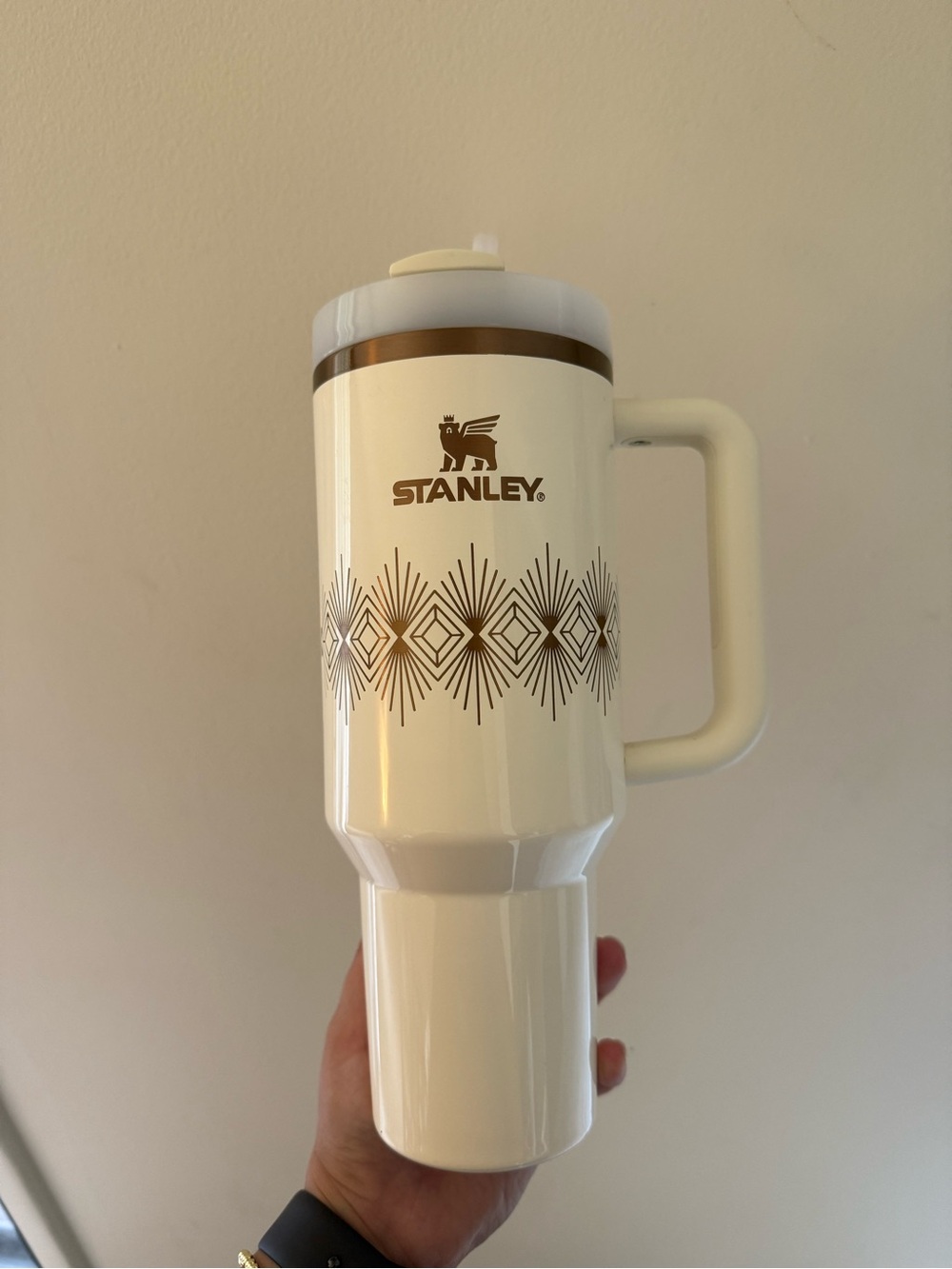 Stanley Cream and Brown Geometric Handle Travel Mug